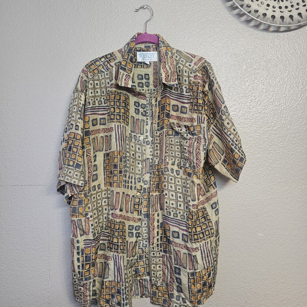 Vintage Whitby 100% Washed Silk Shirt Mens XL Geometric Abstract Print. M221